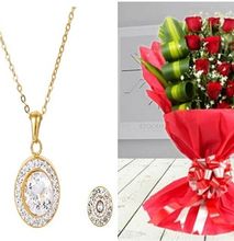 CarJay Jewels Valentines Combo-Gold Coated Necklace, an Earring Set, and Roses Bouquet
